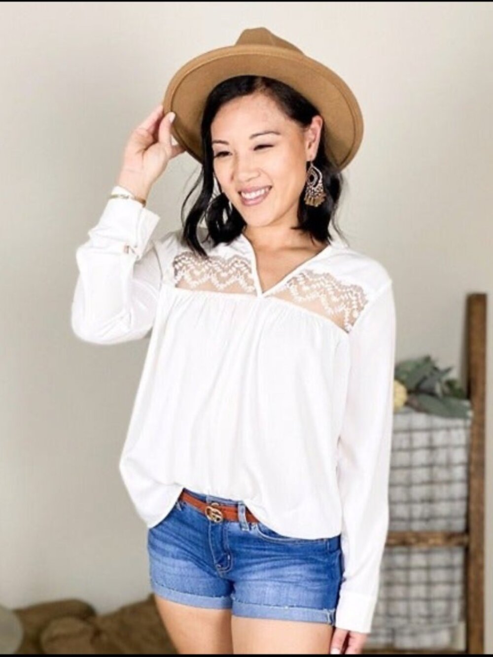 White Long Sleeve Blouse with Lace Insert
